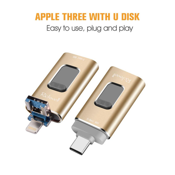 Richwell 3 in 1 64G Type-C + 8 Pin + USB 3.0 Metal Push-pull Flash Disk with OTG Function(Gold)