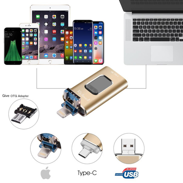 Richwell 3 in 1 64G Type-C + 8 Pin + USB 3.0 Metal Push-pull Flash Disk with OTG Function(Gold)