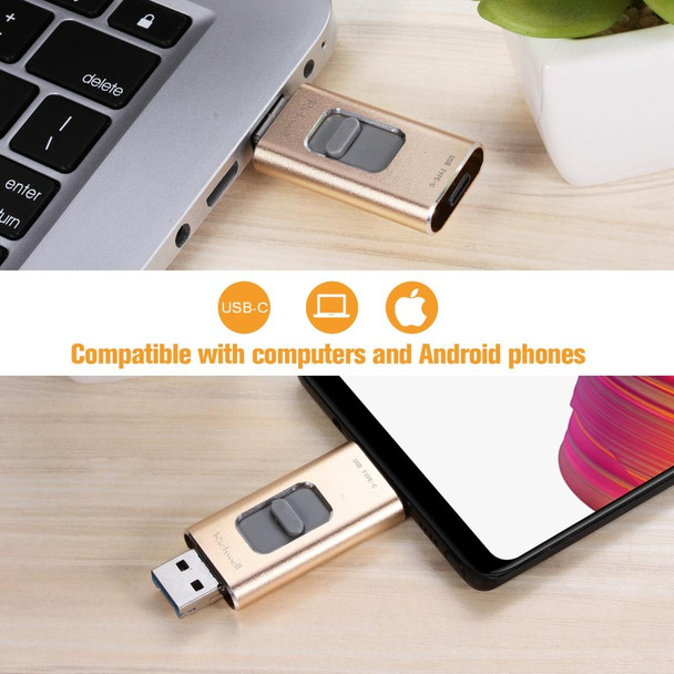 Richwell 3 in 1 64G Type-C + 8 Pin + USB 3.0 Metal Push-pull Flash Disk with OTG Function(Gold)