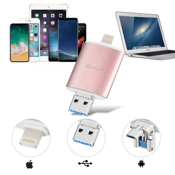 Richwell 3 in 1 64G Type-C + 8 Pin + USB 3.0 Metal Double Cover Push-pull Flash Disk with OTG Function(Rose Gold)