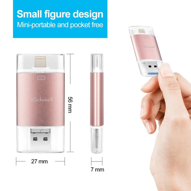 Richwell 3 in 1 64G Type-C + 8 Pin + USB 3.0 Metal Double Cover Push-pull Flash Disk with OTG Function(Rose Gold)