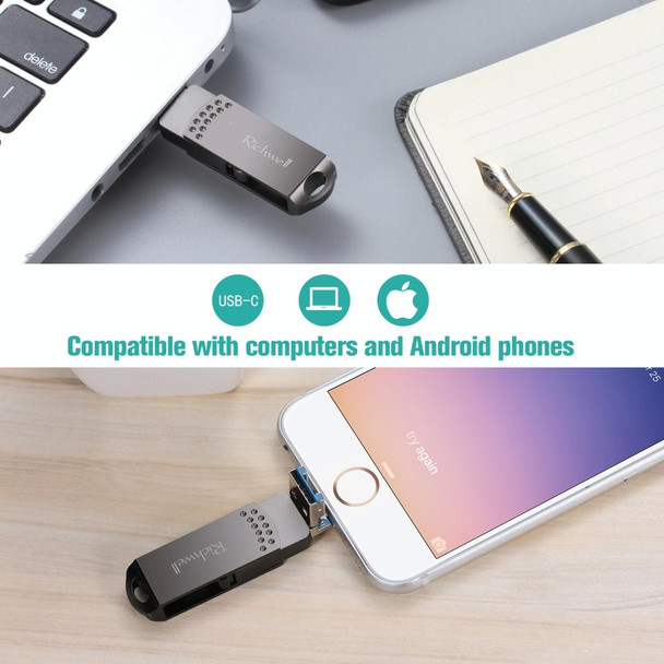 Richwell 16G Type-C + 8 Pin + USB 3.0 Metal Push-pull Flash Disk with OTG Function(Rose Gold)