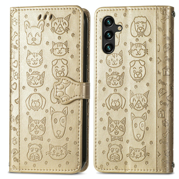 For Samsung Galaxy A24 4G Cute Cat and Dog Embossed Flip Leatherette Phone Case(Gold)