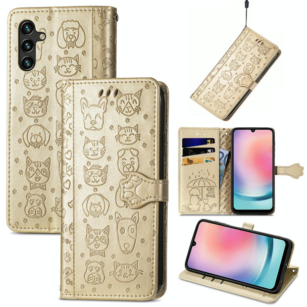 For Samsung Galaxy A24 4G Cute Cat and Dog Embossed Flip Leatherette Phone Case(Gold)
