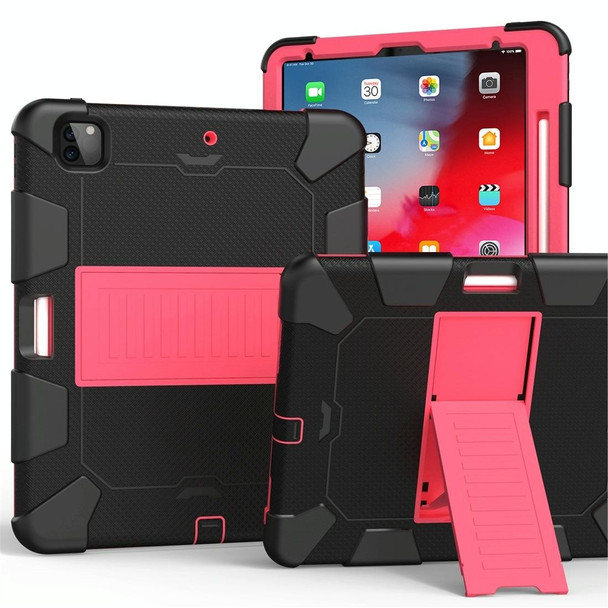 For iPad Pro 12.9 (2018) / (2020) Shockproof Two-Color Silicone Protective Tablet Case with Holder(Black+Rose Pink)