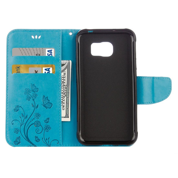 For Galaxy S7 Active Pressed Flowers Butterfly Pattern Horizontal Flip Leatherette Case with Holder & Card Slots & Wallet & Lanyard(Blue)