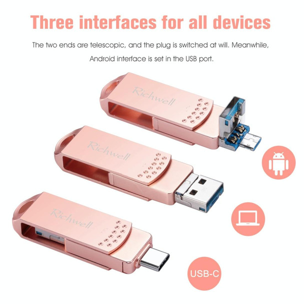 Richwell 3 in 1 64G Type-C + Micro USB + USB 3.0 Metal Flash Disk with OTG Function(Rose Gold)