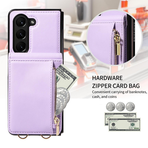 For Samsung Galaxy Z Fold5 5G Crossbody Lanyard Zipper Wallet Leatherette Phone Case(Purple)