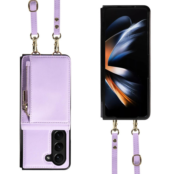 For Samsung Galaxy Z Fold5 5G Crossbody Lanyard Zipper Wallet Leatherette Phone Case(Purple)