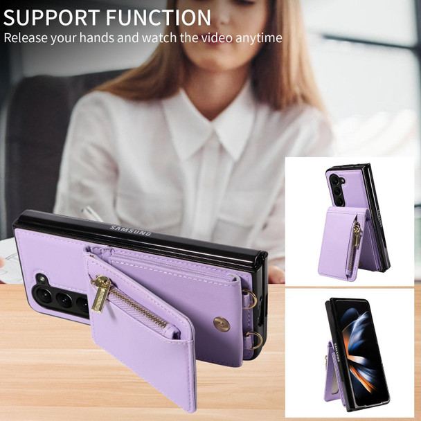 For Samsung Galaxy Z Fold5 5G Crossbody Lanyard Zipper Wallet Leatherette Phone Case(Purple)