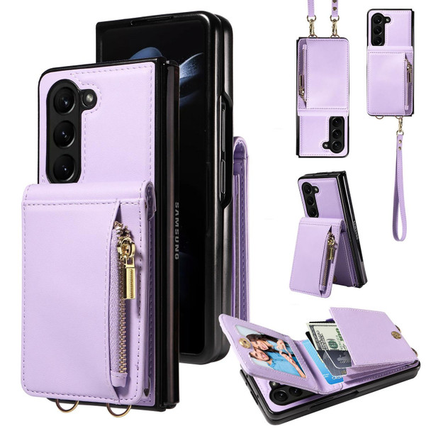 For Samsung Galaxy Z Fold5 5G Crossbody Lanyard Zipper Wallet Leatherette Phone Case(Purple)