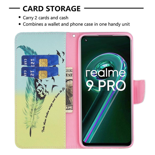 For OPPO Realme 9 Pro Colored Drawing Pattern Horizontal Flip Leatherette Case with Holder & Card Slots & Wallet(Feather)