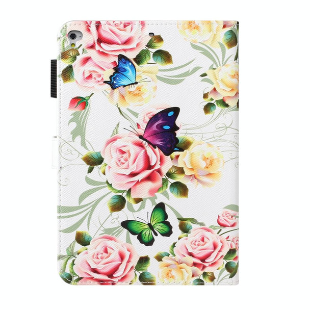 For iPad 9.7 (2018) Cross Texture Painted Horizontal  Leatherette Case with Sleep / Wake-up Function & Card Slot & Holder & Wallet(White Peony Flower)