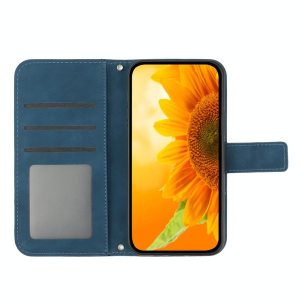 For Motorola Moto G84 HT04 Skin Feel Sun Flower Embossed Flip Leatherette Phone Case with Lanyard(Inky Blue)