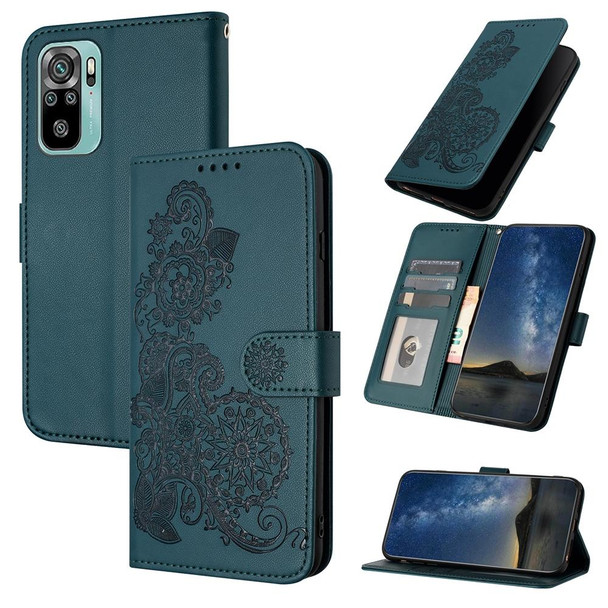 For  Xiaomi Redmi Note 10 4G Global Datura Flower Embossed Flip Leatherette Phone Case(Dark Green)