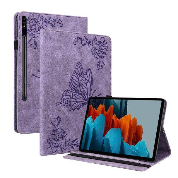 For Samsung Galaxy Tab S7+/S7 FE/S8+ Butterfly Flower Embossed Leatherette Tablet Case(Purple)