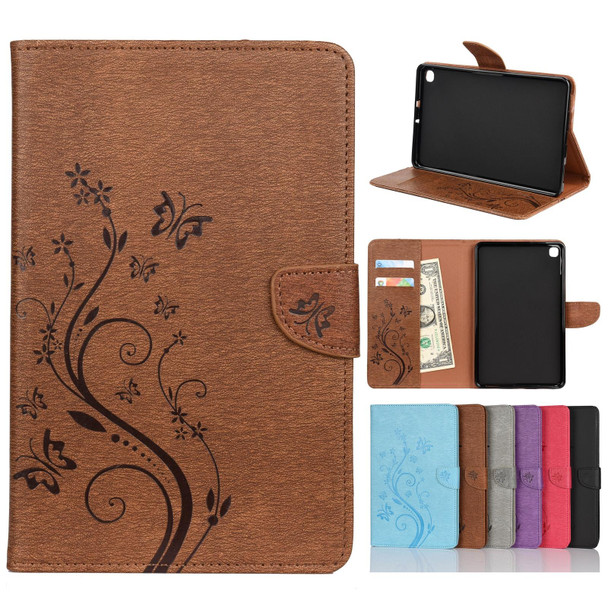 For Samsung Galaxy Tab A 8.4 (2020) T307 Butterfly Flower Embossing Pattern Horizontal Flip Leatherette Case with Holder & Card Slots & Wallet(Brown)