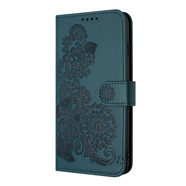For Xiaomi Redmi 9T Datura Flower Embossed Flip Leather Phone Case(Dark Green)