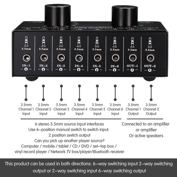 B027 6 input 2 output or 2 input 6 output audio signal source selection switcher 3.5mm interface