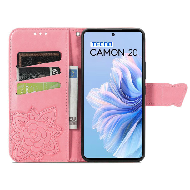 For Tecno Camon 20 Butterfly Love Flower Embossed Leatherette Phone Case(Pink)