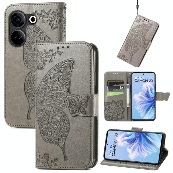 For Tecno Camon 20 Butterfly Love Flower Embossed Leatherette Phone Case(Gray)