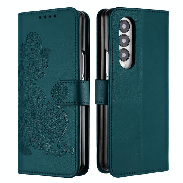 For Samsung Galaxy Z Fold4 5G Datura Flower Embossed Flip Leatherette Phone Case(Dark Green)