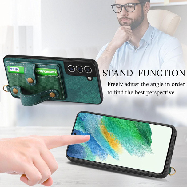 For Samsung Galaxy S21 FE 5G Retro Cross Wristband Wallet Leatherette Back Phone Case(Green)