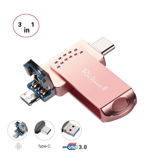 Richwell 3 in 1 16G Type-C + Micro USB + USB 3.0 Metal Flash Disk with OTG Function(Rose Gold)