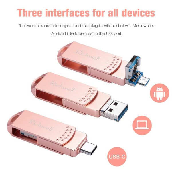 Richwell 3 in 1 16G Type-C + Micro USB + USB 3.0 Metal Flash Disk with OTG Function(Rose Gold)