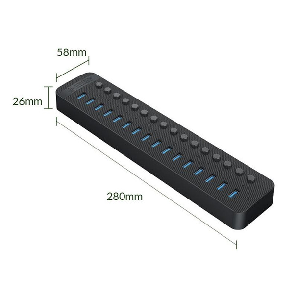 ORICO CT2U3-16AB Plastic Stripes 16 Ports USB 3.0 HUB with Individual Switches, Plug:US Plug(Black)