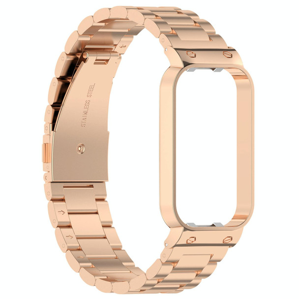 For Xiaomi Smart Band 8 Active Three Bead Stainless Steel Watch Band + Watch Metal Frame(Rose Gold)