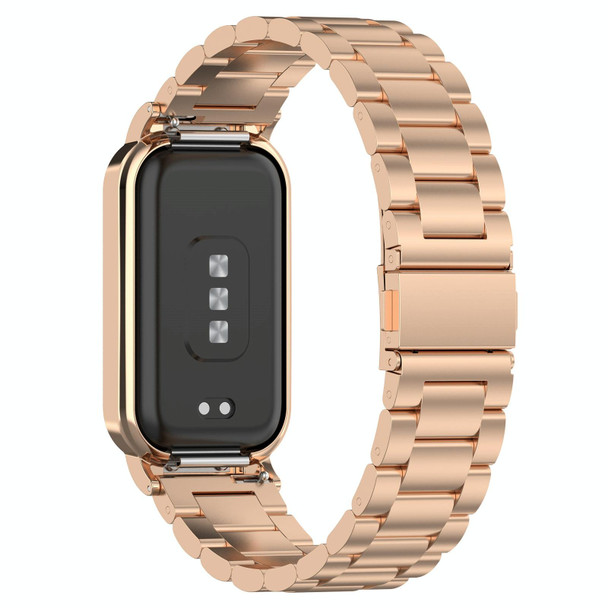 For Xiaomi Smart Band 8 Active Three Bead Stainless Steel Watch Band + Watch Metal Frame(Rose Gold)