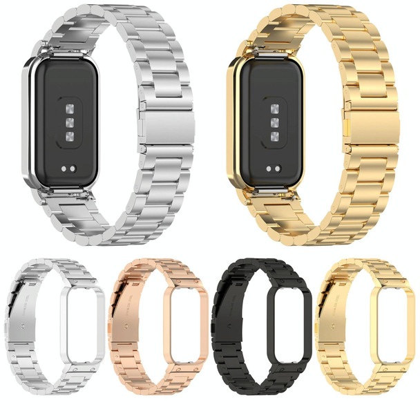 For Xiaomi Smart Band 8 Active Three Bead Stainless Steel Watch Band + Watch Metal Frame(Rose Gold)