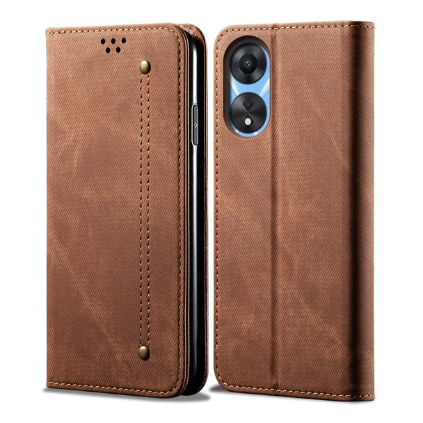 For OPPO A38 4G / A18 4G Denim Texture Casual Style Horizontal Flip Leatherette Case(Brown)
