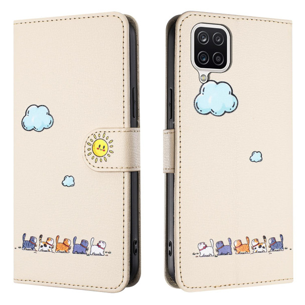 For Samsung Galaxy A12 Cartoon Cats Leatherette Phone Case(Beige White)