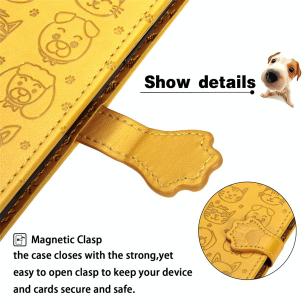 For Galaxy S20 FE / S20 Lite Cute Cat and Dog Embossed Horizontal Flip Leatherette Case with Bracket / Card Slot / Wallet / Lanyard(Yellow)