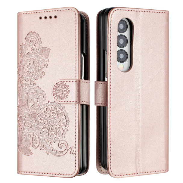 For Samsung Galaxy Z Fold3 5G Datura Flower Embossed Flip Leatherette Phone Case(Rose Gold)