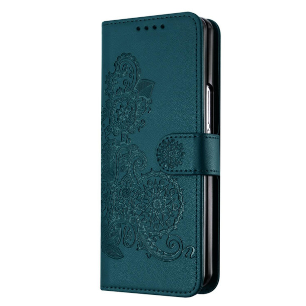 For Samsung Galaxy Z Fold5 5G Datura Flower Embossed Flip Leatherette Phone Case(Dark Green)