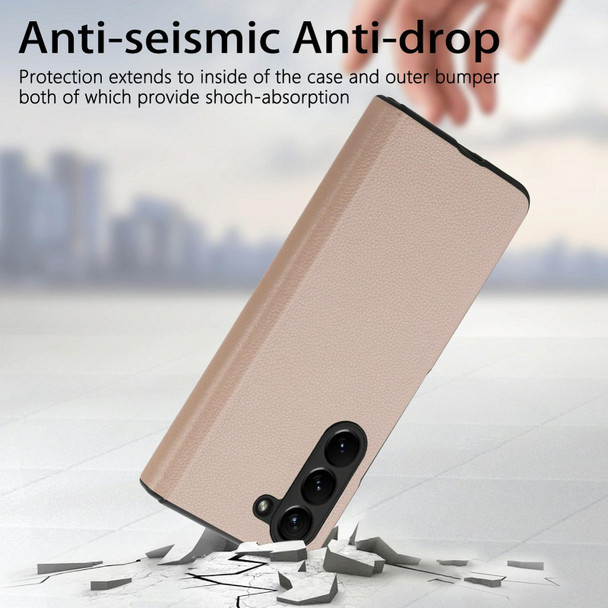 For Samsung Galaxy Z Fold5 5G Litchi Integrated Film Electroplated Magnetic Hinge Leatherette Phone Case(Khaki)