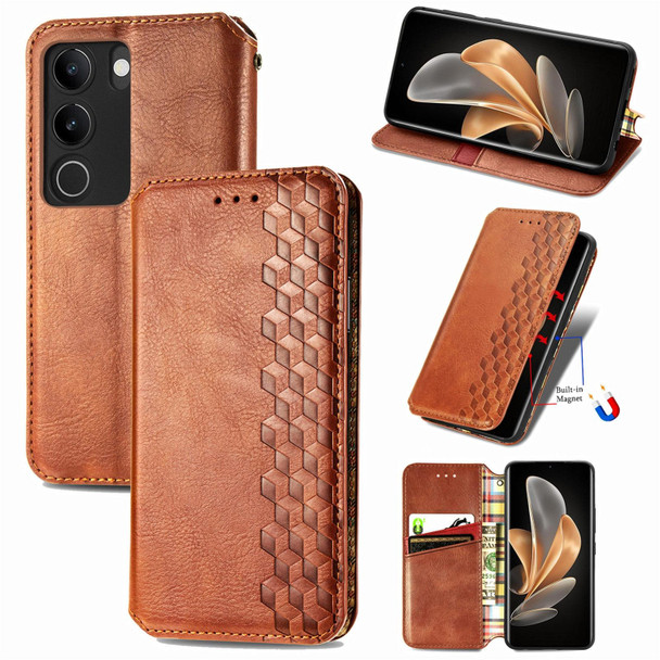 For vivo S17 Cubic Grid Pressed Magnetic Leatherette Phone Case(Brown)