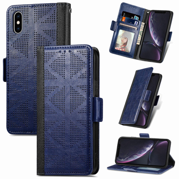 Grid Leather Flip Phone Case - iPhone XS / X(Blue)