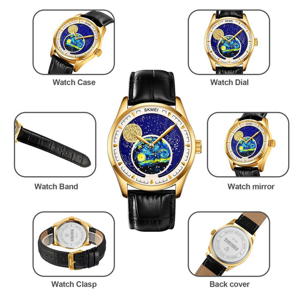SKMEI 2115 Multifunctional Men Outdoor 30M Waterproof Moon Phase Quartz Watch(Gold)