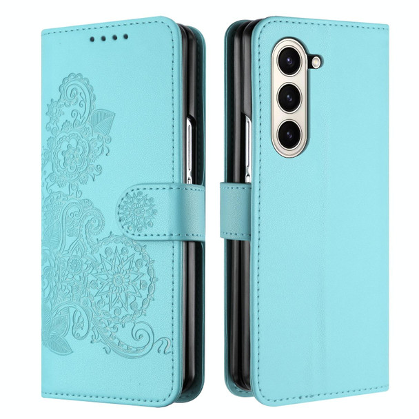 For Samsung Galaxy Z Fold5 5G Datura Flower Embossed Flip Leatherette Phone Case(Light blue)