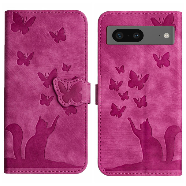 For Google Pixel 8 Butterfly Cat Embossing Flip Leatherette Phone Case(Pink)