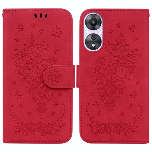 For OPPO A58 4G Butterfly Rose Embossed Leatherette Phone Case(Red)