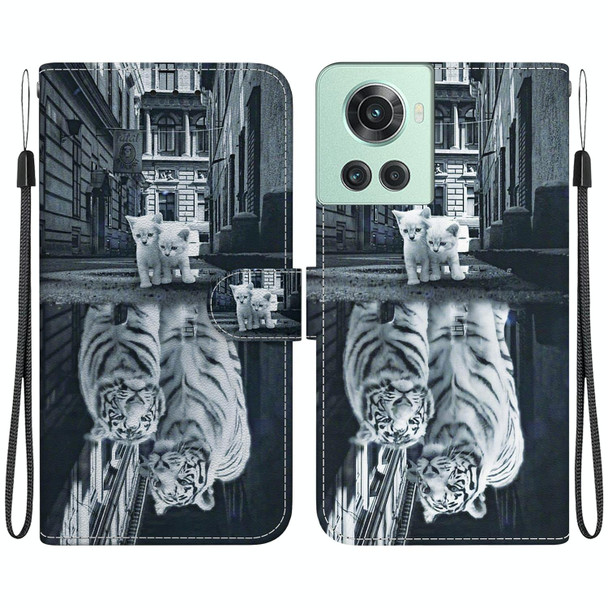 For OnePlus 10R / Ace Crystal Texture Colored Drawing Leatherette Phone Case(Cat Tiger Reflection)