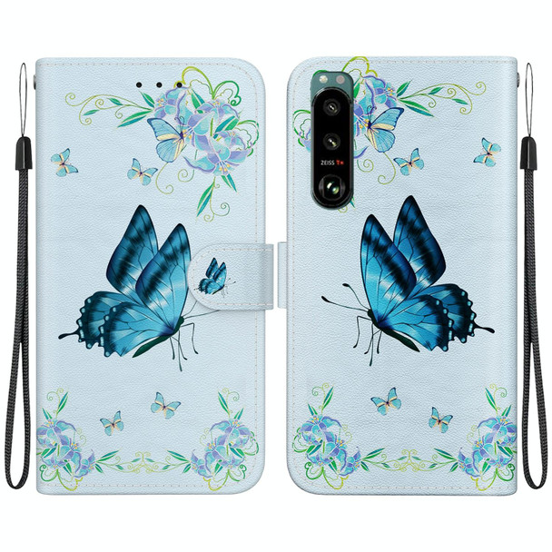 For Sony Xperia 5 III Crystal Texture Colored Drawing Leatherette Phone Case(Blue Pansies)