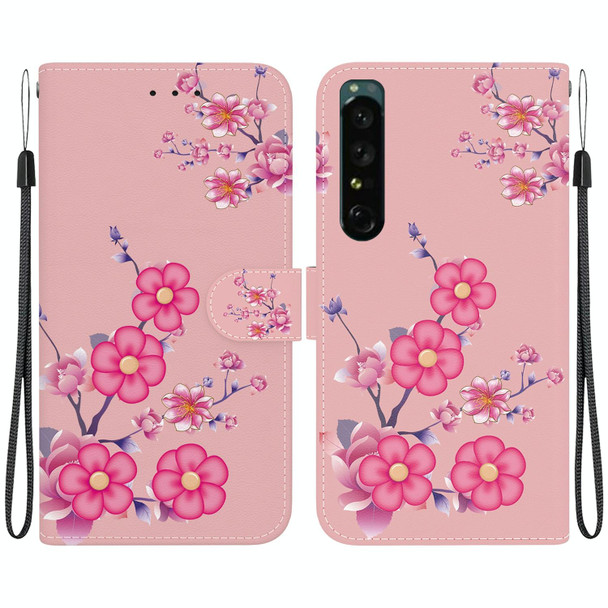 For Sony Xperia 1 IV Crystal Texture Colored Drawing Leatherette Phone Case(Cherry Blossoms)
