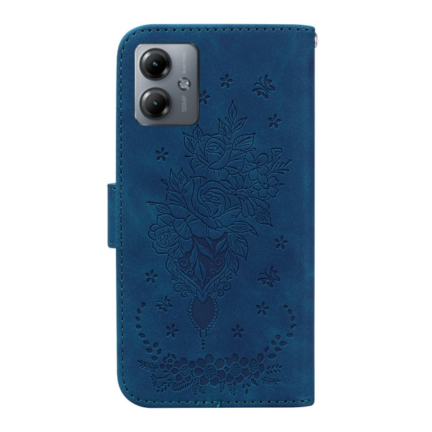 For Motorola Moto G14 Butterfly Rose Embossed Leatherette Phone Case(Blue)