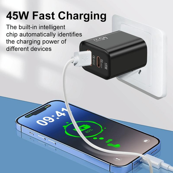 45PQ 45W PD25W + QC3.0 20W USB Super Fast Charger with Type-C to 8 Pin Cable, US Plug(Black)